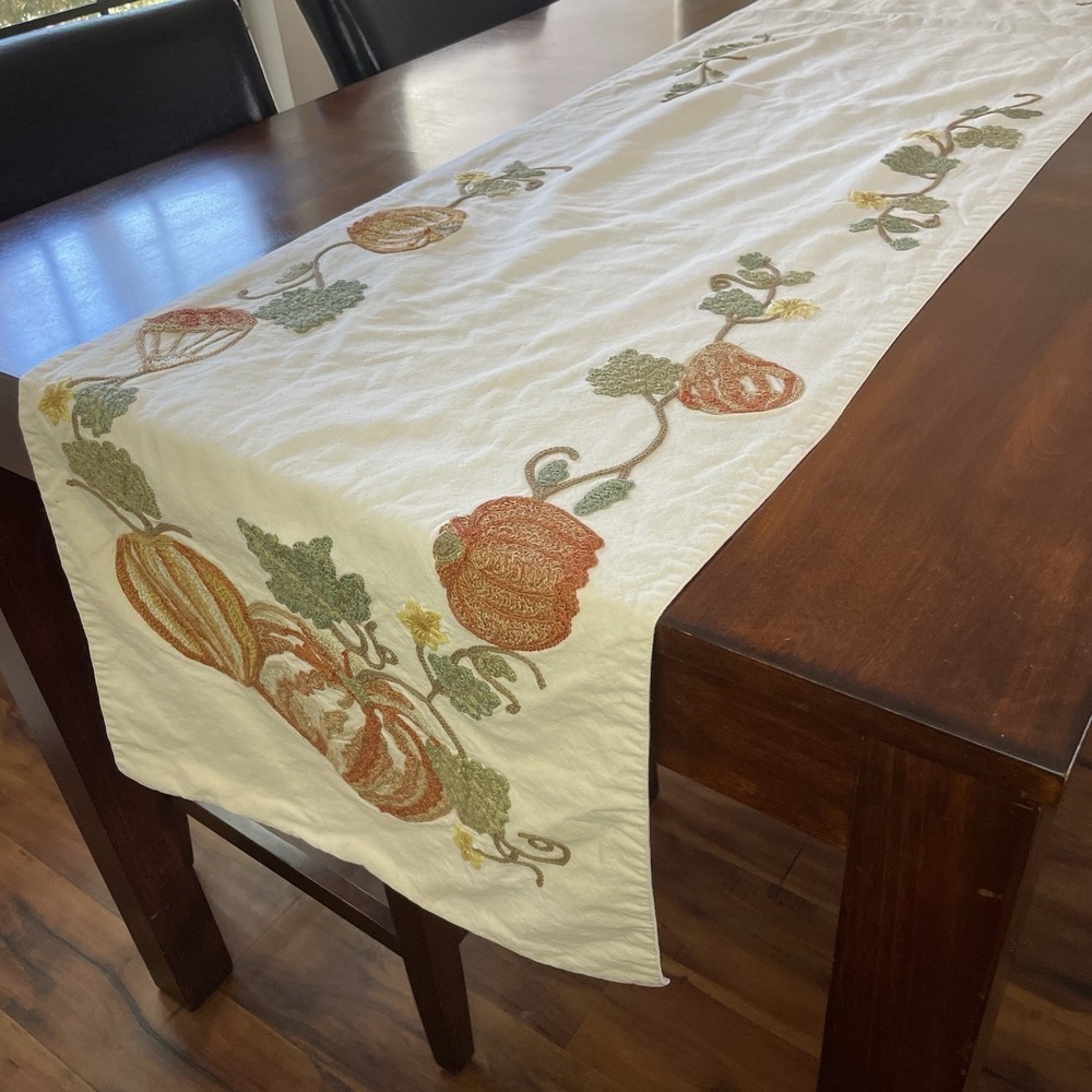 Pottery Barn‎ Fall Autmn Crewel Embroidered Table Runner 18"x105" Rectangular